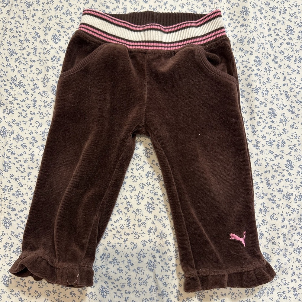 Brown Ruffle Bottom Baby Pants with Pink Puma Logo